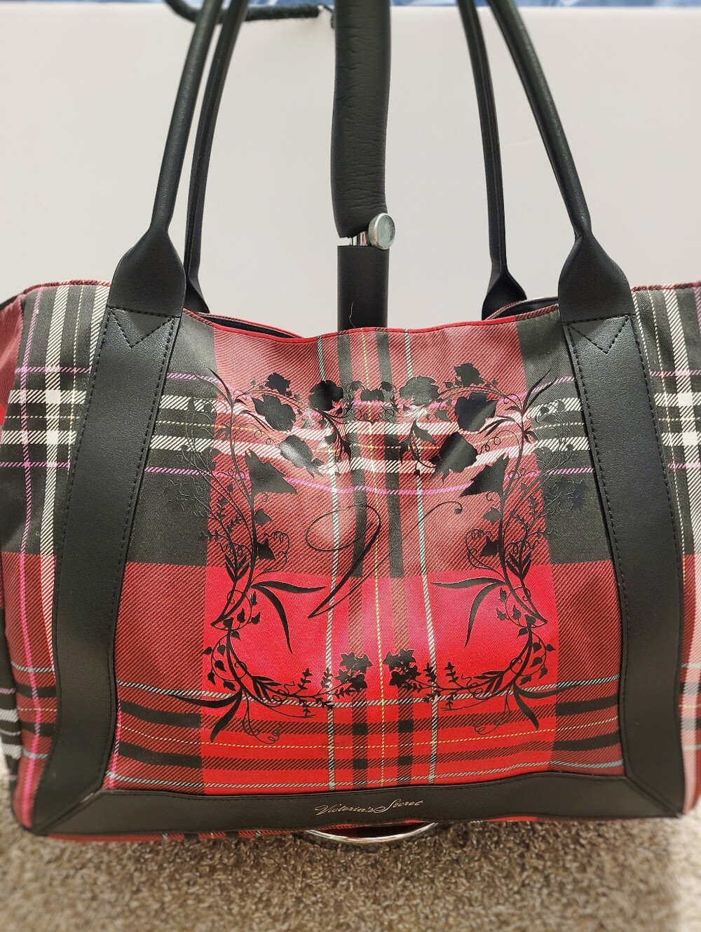 Limited Edition Victoria's Secret Red Plaid Tote with Black Trim